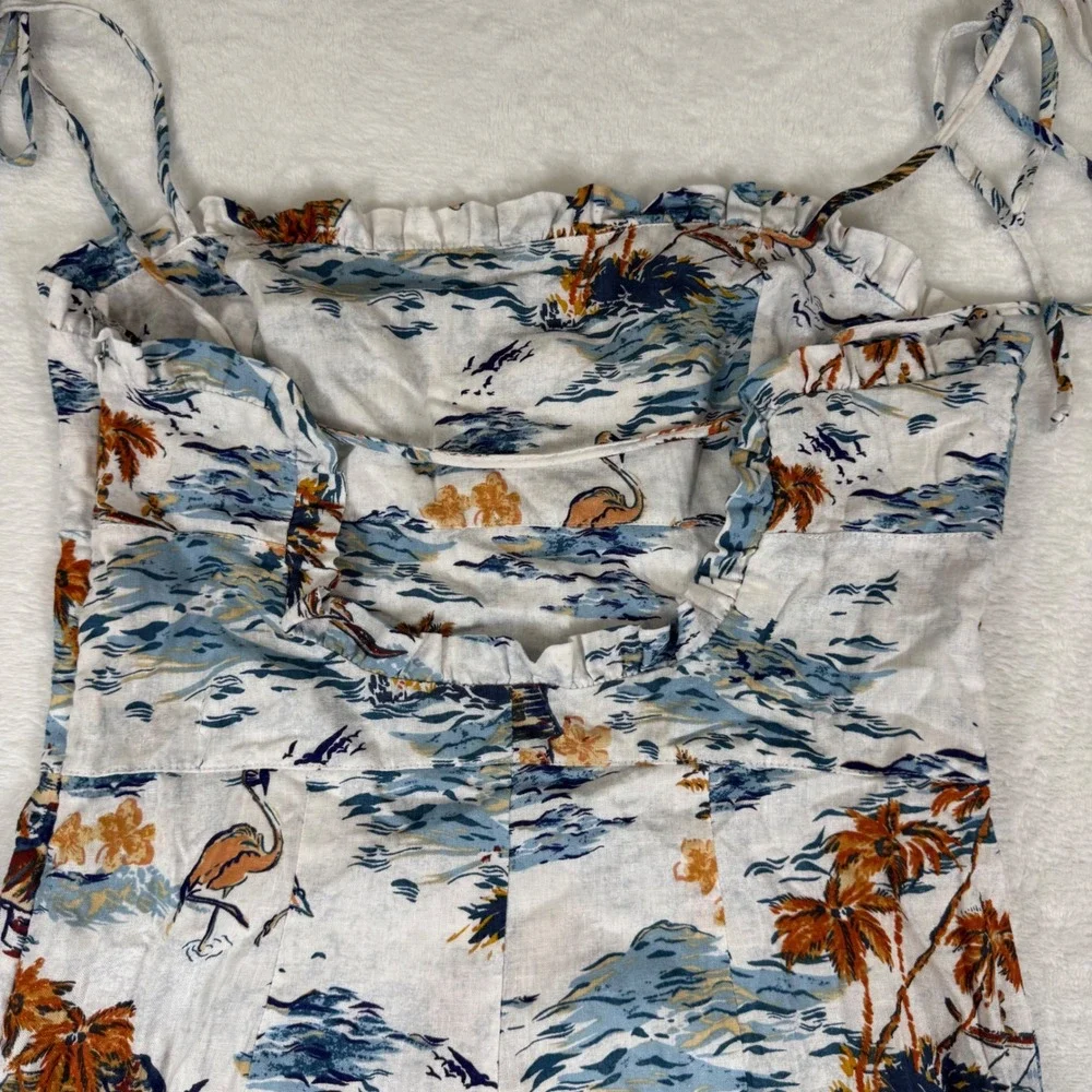 Free People Tropical Flamingo Hawaiian Print Maxi Dress White Blue‎ Size 6